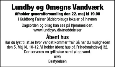 Annonce for  Lundby og Omegns Vandværk